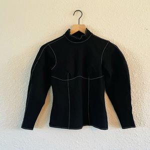 & Other Stories Black Polymade White Threaded Puff Sleeve Top